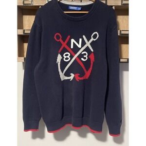 Nautical Anchor Knit Sweater Mens XL Navy Red White Yacht Club Coastal Preppy